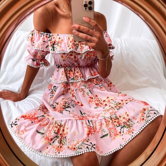 Dresses & Skirts - Boho Floral  Off Shoulder Ruffle Mini Dress Pink